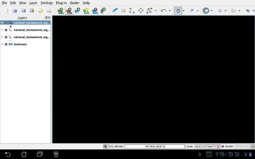 First QGIS for Android test map screenshot showing imported sample data