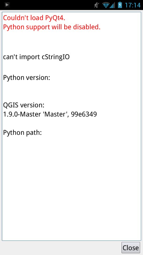 QGIS for Android screenshot showing progress toward embedded Python support
