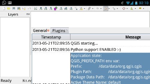 QGIS for Android log output showing embedded Python support enabled