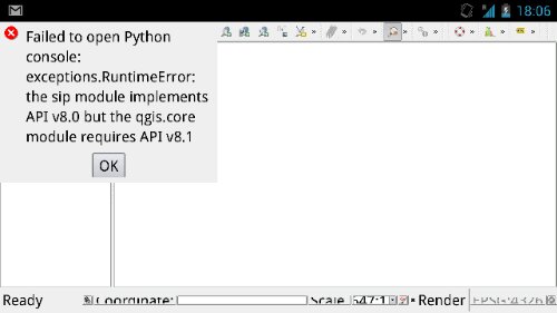 QGIS for Android screenshot showing Python support getting closer to working