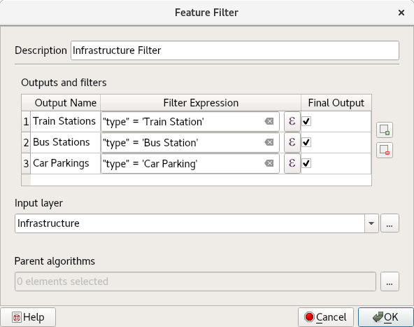Feature Filter algorithm configured to route infrastructure features into train, bus, and parking outputs