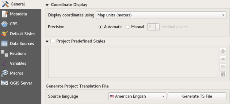 QGIS project properties showing the Generate TS File section for project translation