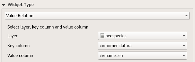QGIS field configuration using a value relation widget for translated bee species values