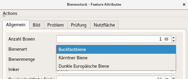 QGIS value relation widget showing bee species values in German