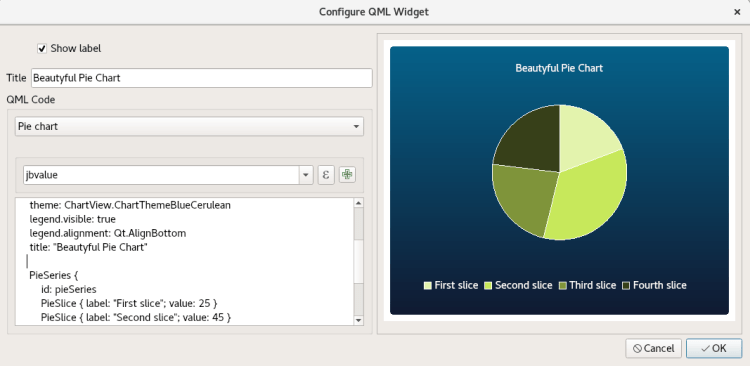 QML Widget preview showing a pie chart embedded in the QGIS attribute form designer