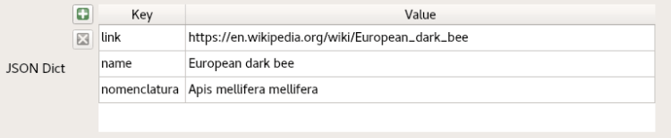 QGIS Key/Value widget displaying a simple JSON object