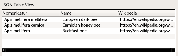 QML TableView displaying JSON object rows with nomenclature, name, and link columns