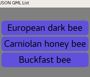 Custom QML list widget displaying JSON array items in blue cards