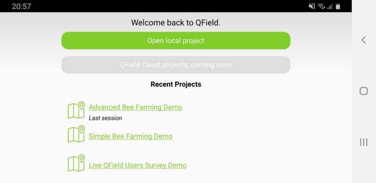 QField 1.4 welcome screen showing recent projects