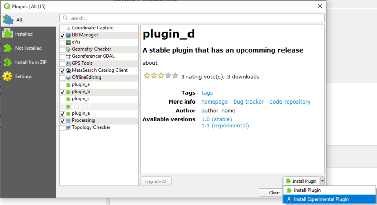 QGIS plugin manager showing stable and experimental plugin version options