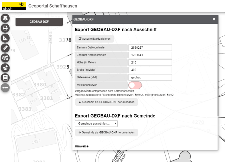 Geoportal menu option for downloading a GEOBAU-DXF file
