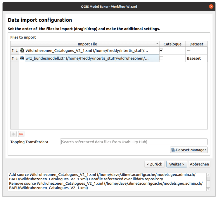 Model Baker data-import configuration page showing transfer files, datasets, and linked catalog toppings