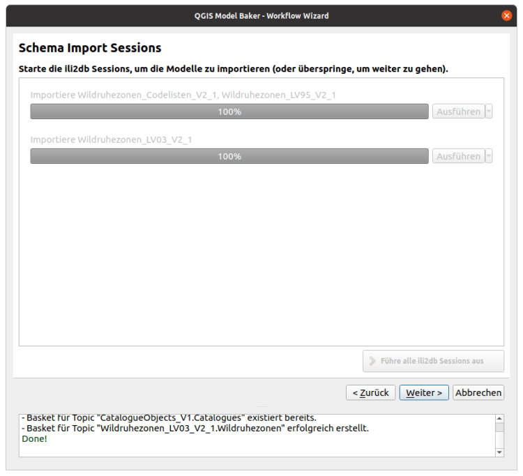 Database browser showing the imported INTERLIS models after ili2db created the schema