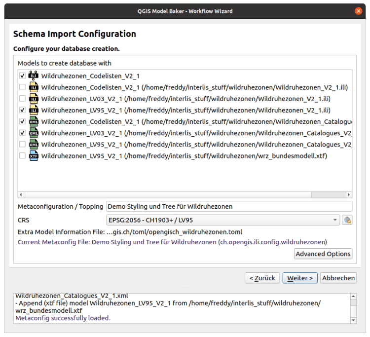 Model Baker wizard schema-configuration page listing importable models and advanced ili2db options