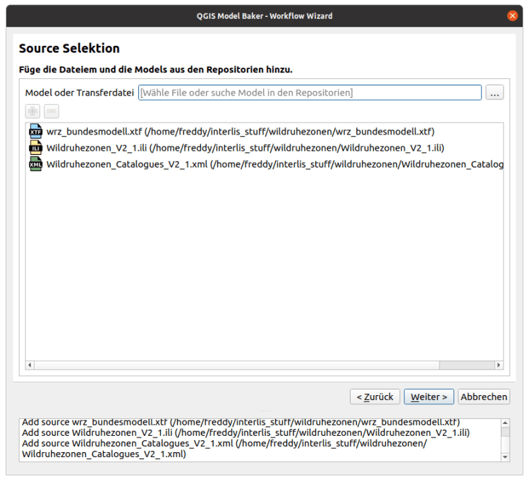 Model Baker wizard source-selection page listing dragged INTERLIS model, catalog, and transfer files