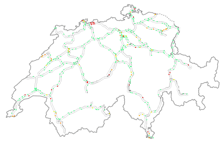 Motorway network with measured traffic volumes assigned to nearby vertices before interpolation