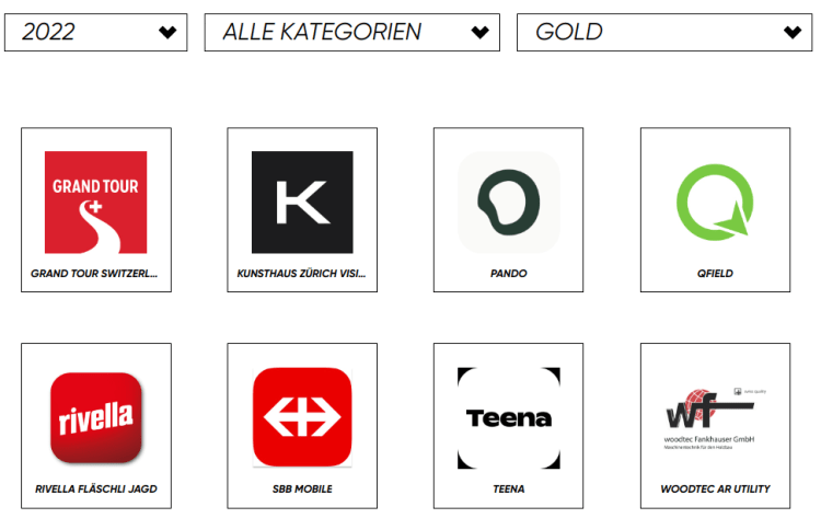 Best of Swiss Apps 2022 hall of fame page showing QField’s awards
