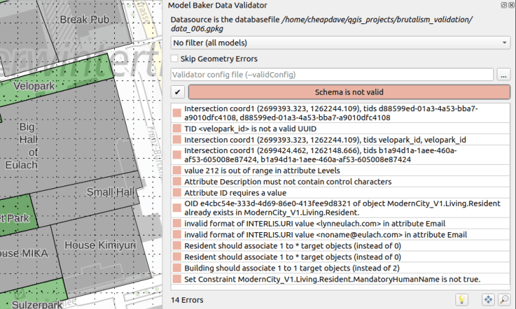 Data Validator panel with the detected database