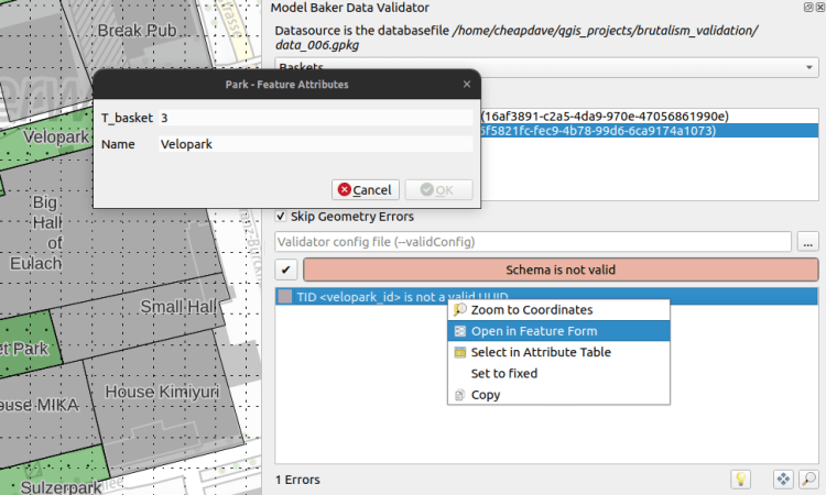Context menu for a validation error in the Data Validator
