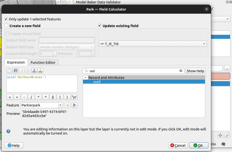 QGIS field calculator setting a UUID for t_ili_tid