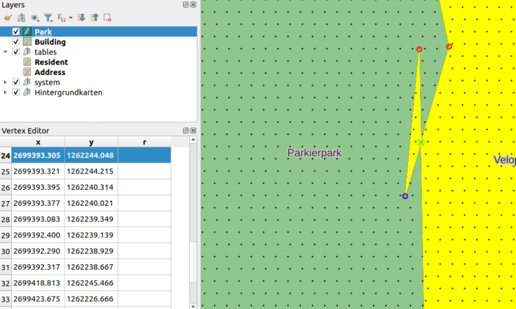 Geometry error highlighted in the QGIS map canvas