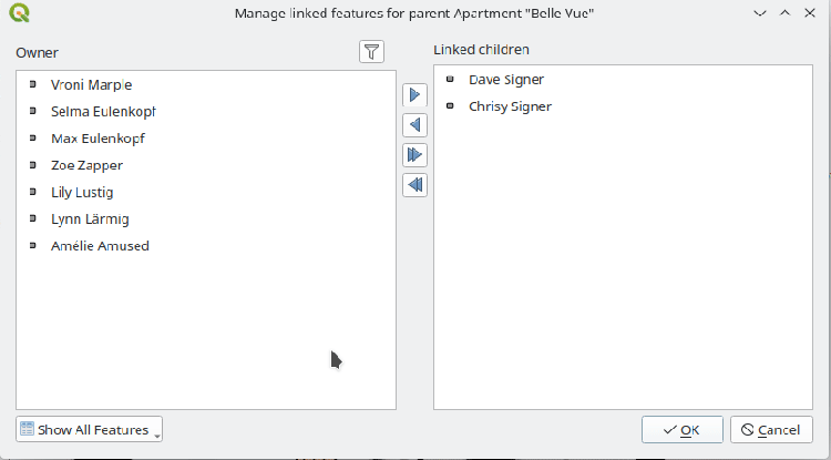 Linking Relation Editor widget moving features between linked and unlinked lists