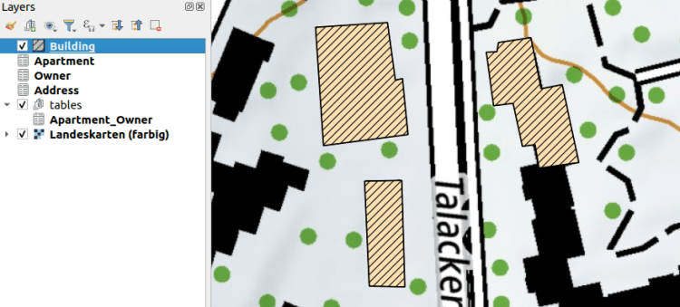 QGIS layer list with the relation example tables