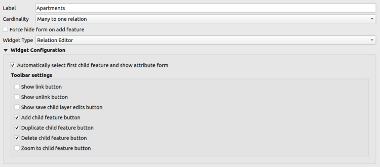 Relation Editor widget settings in the QGIS attribute form