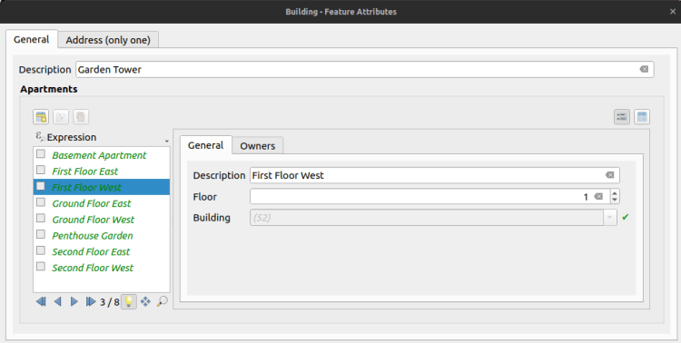 Relation Editor creating apartments for the building Garden Tower