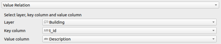 Value Relation widget settings for the Building layer