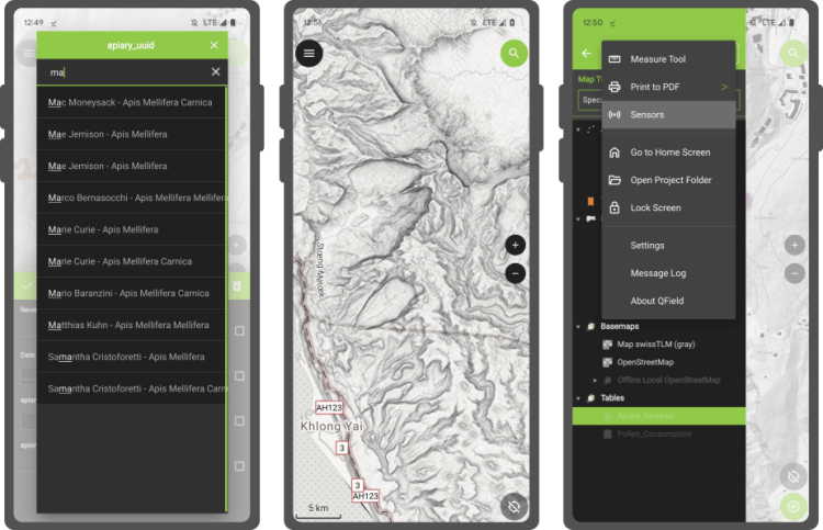 QField 2.8 interface showing external sensor integration during field work