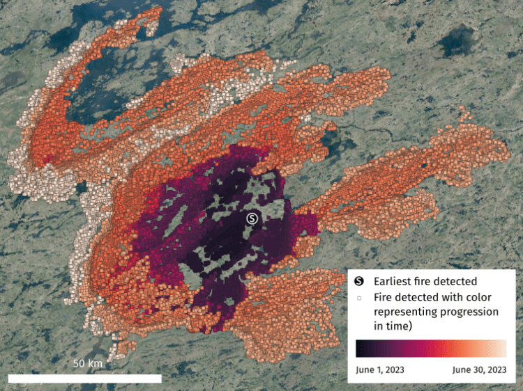 QGIS map showing the progression of a clustered fire event over time with graduated point colors