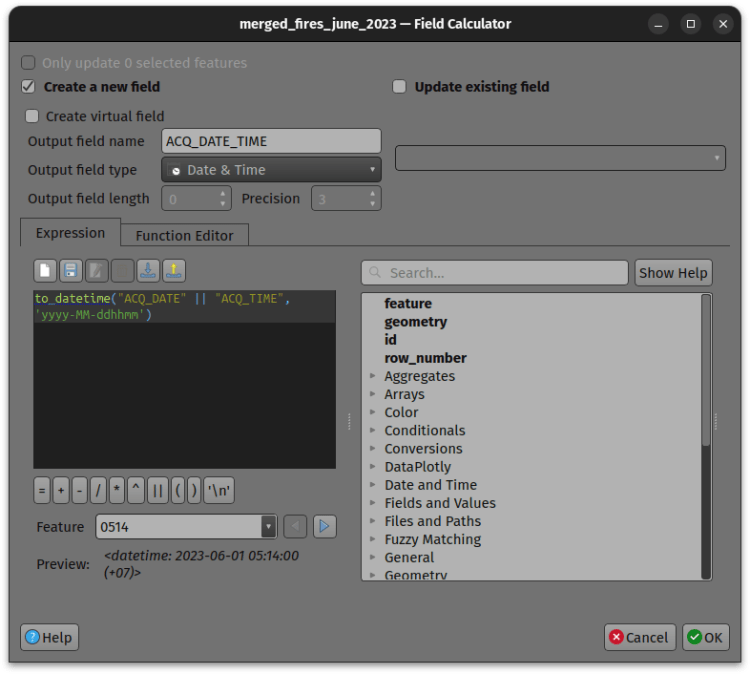 QGIS field calculator creating the ACQ_DATE_TIME field from the fire acquisition date and time columns