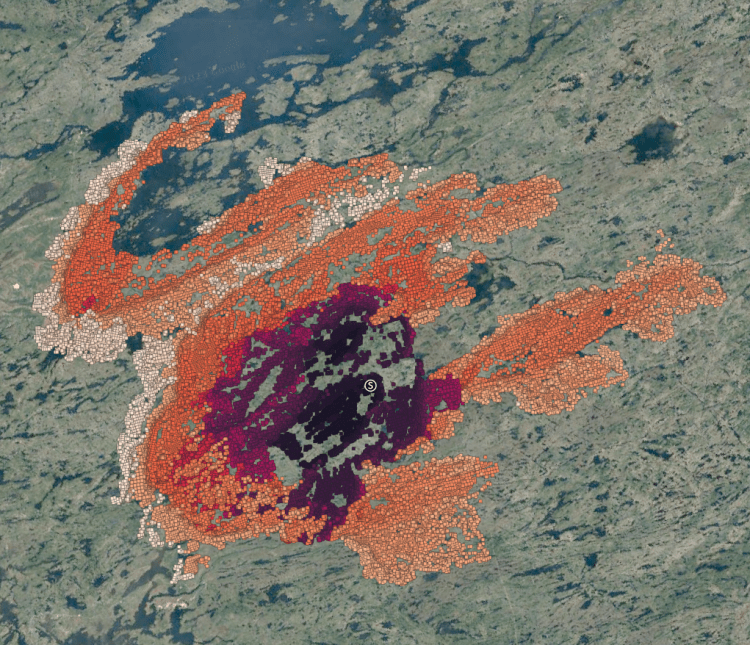 Map of clustered June 2023 Quebec fire detections rendered in QGIS