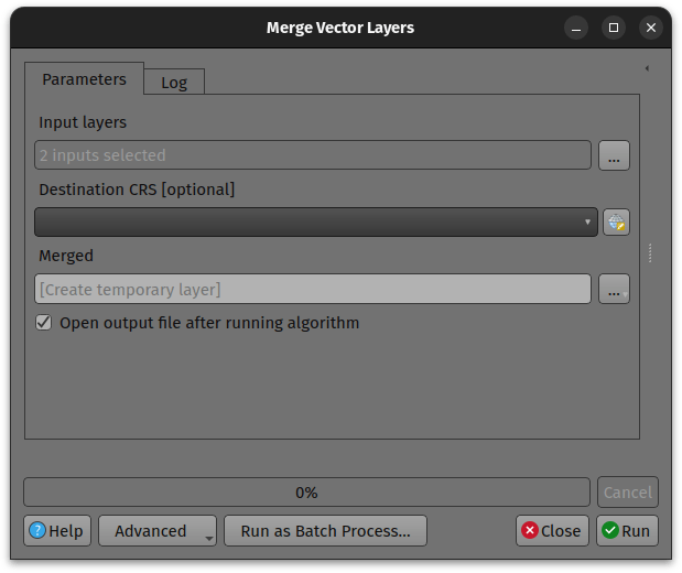QGIS Merge Vector Layers dialog combining the two VIIRS fire datasets into one GeoPackage layer