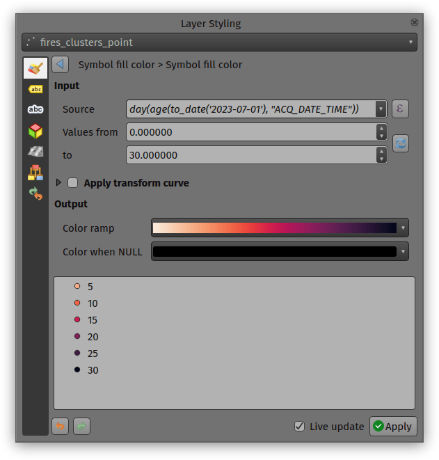 QGIS data-defined fill color assistant styling fire detections by age along a color ramp