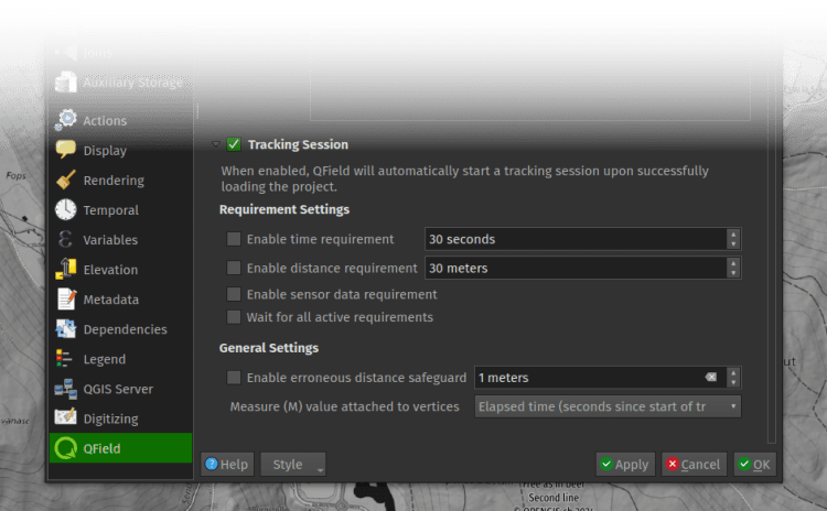 QField project-defined tracking session settings and cloud sync controls