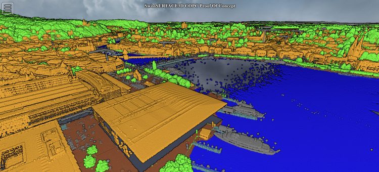 Potree web viewer rendering the swissSURFACE3D cloud-optimized point cloud sample