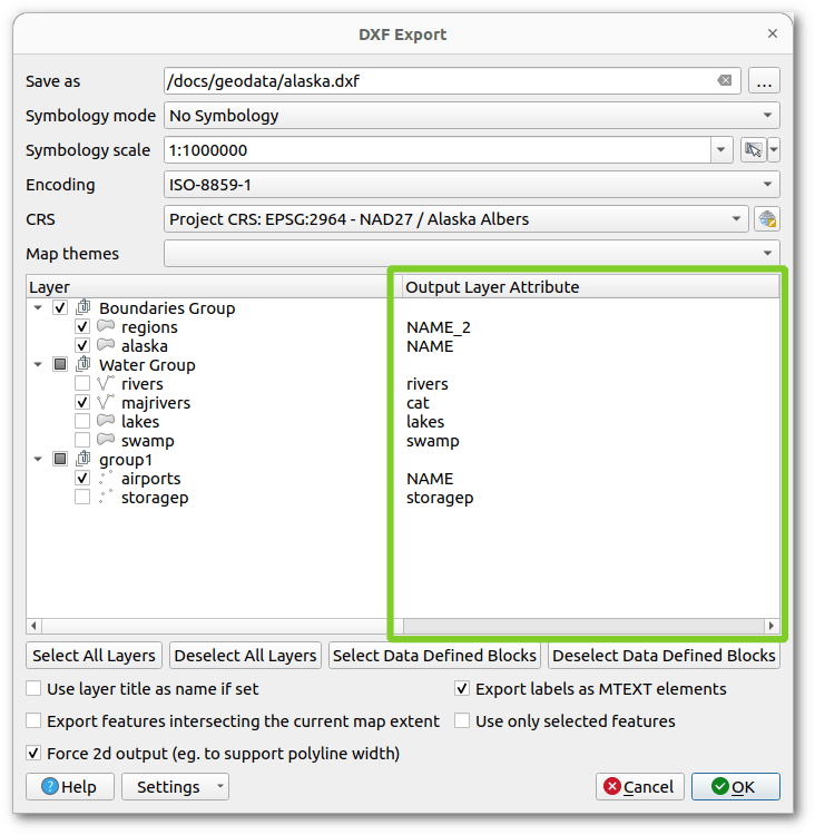 DXF Export, output layer attribute