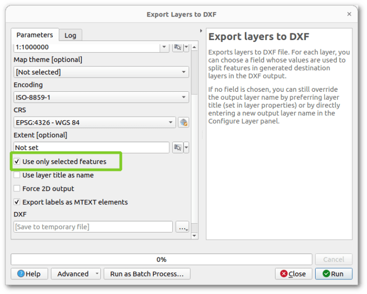 DXF Export algorithm, use only selected features