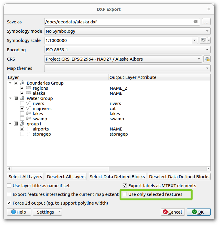 DXF Export app dialog, use only selected features option
