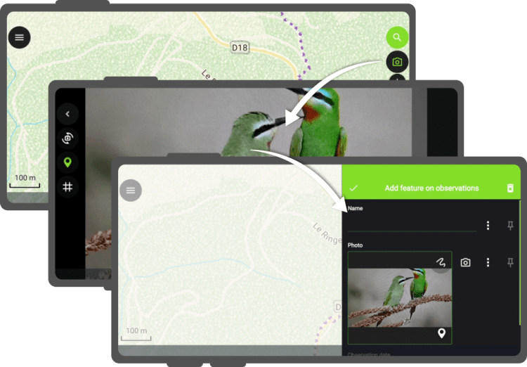 QField sample birdwatcher project showing the custom camera button added by the Snap! plugin