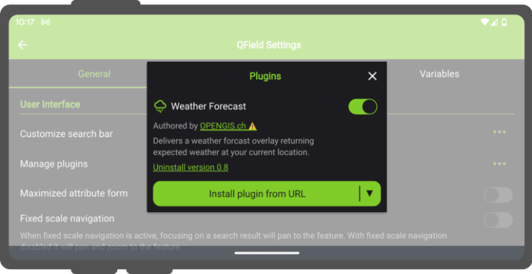 QField plugins manager with the Install plugin from URL action for app-wide plugins