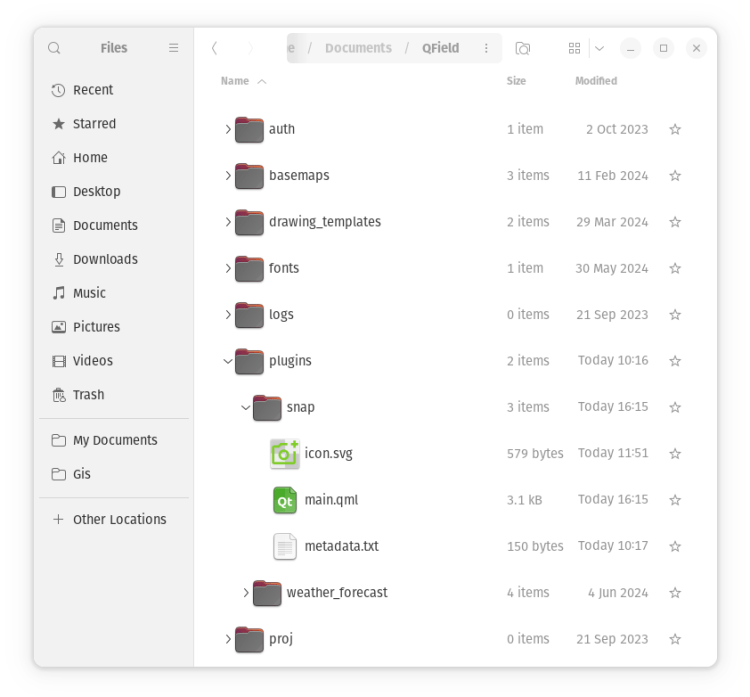 App directory file structure showing a QField app-wide plugin folder with main.qml and metadata.txt