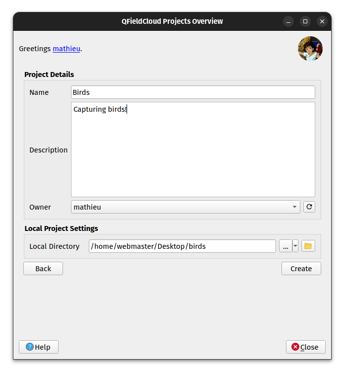 QFieldCloud project creation dialog requesting the new project name, description, and local directory