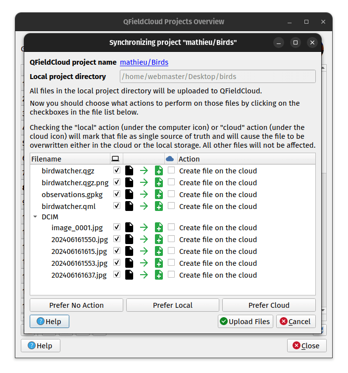 QFieldSync upload dialog listing project files, including birdwatcher.qml, before upload to QFieldCloud