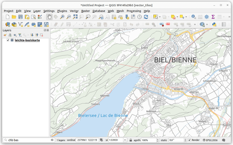 Swiss Locator search result and rendered leichte-basiskarte vector-tile base map in QGIS