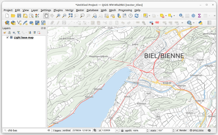 Swiss Locator search result and rendered Light base map vector-tile layer in QGIS