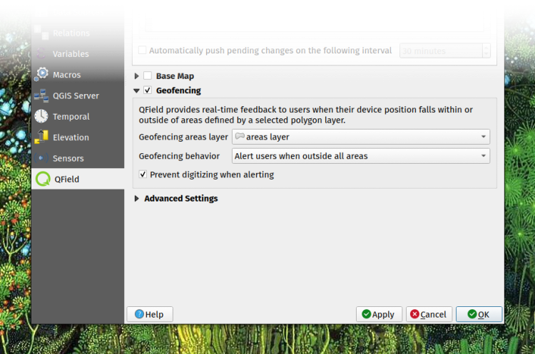 QFieldSync geofencing configuration embedded in a QGIS project