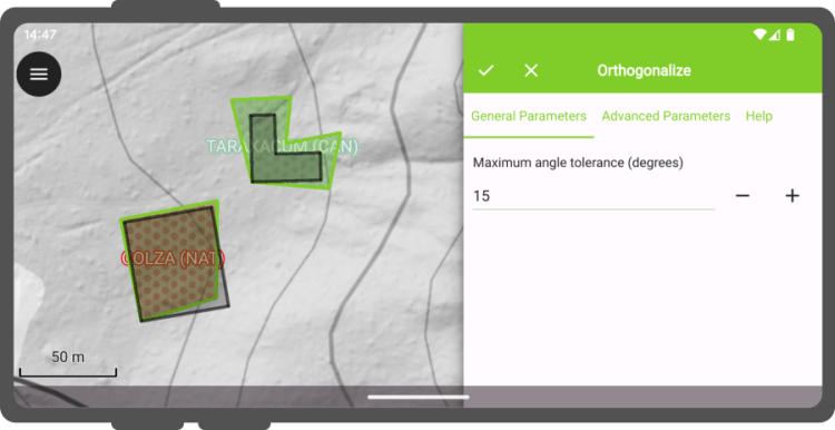 QField processing toolbox previewing an orthogonalization algorithm result